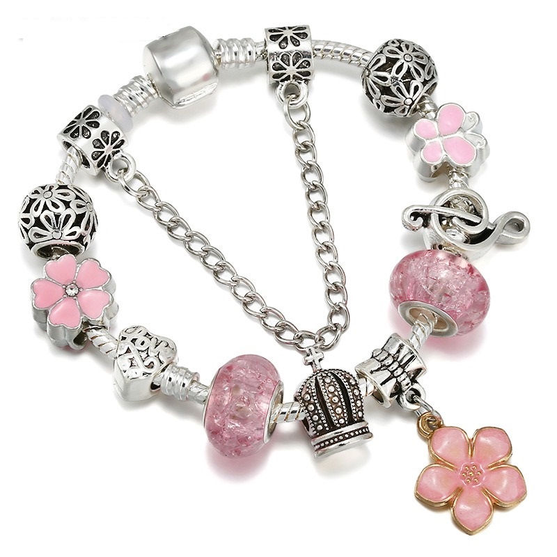 

16-21CM Charm Bracelet 925 Sterling Silver Crystal Beads Fit Pandora European Bracelets Pink Enamel Five Petals Flower Pendant Charm Bead Accessories DIY Jewelry