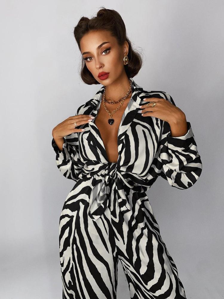 

Women' Two Piece Pants Spring And Summer Elegant Fashion Suit Zebra Lapel Long Sleeve Temperament Shirt Loose Women StreetwearWomen, Brown
