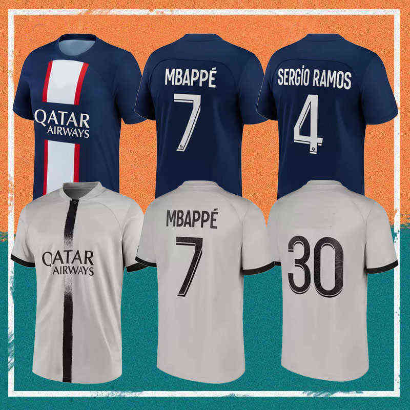 

22/23 PSGs MBAPPE soccer jersey 2022 PLAYER #30 SERGIO RAMOS MARQUINHOS VERRATTI KIMPEMBE Maillots de football shirt ICARDI DI MARIA DRAXLER, Away ligue patch