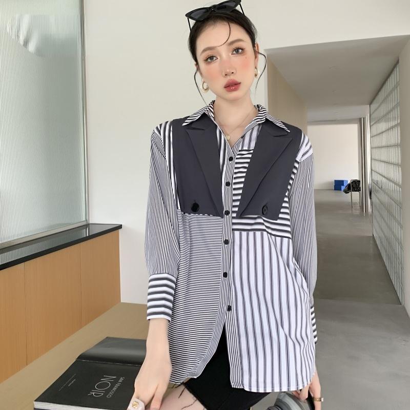 

Women' Blouses & Shirts ZCSMLL Designer Striped Button Up Shirt For Women Fall 2022 Womens Fashion Long Sleeve Top Patchwork Blouse With Ca, As shown