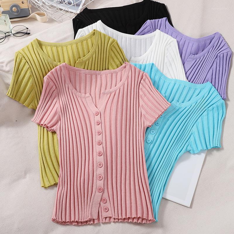 

Women's Knits & Tees Women Knitted Short Sleeve Cropped Sweaters Cardigans Lady Single-Breasted Sweater Shirt Crop Top For Female Depe22, White