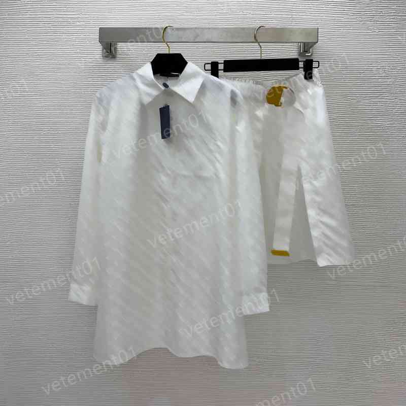 

Designer Women Two Piece Dresses Classic Floral Logo Print Mid-length Lapel Long-sleeve Shirt And Belt Buckle Skirt Luxury Women Clothing