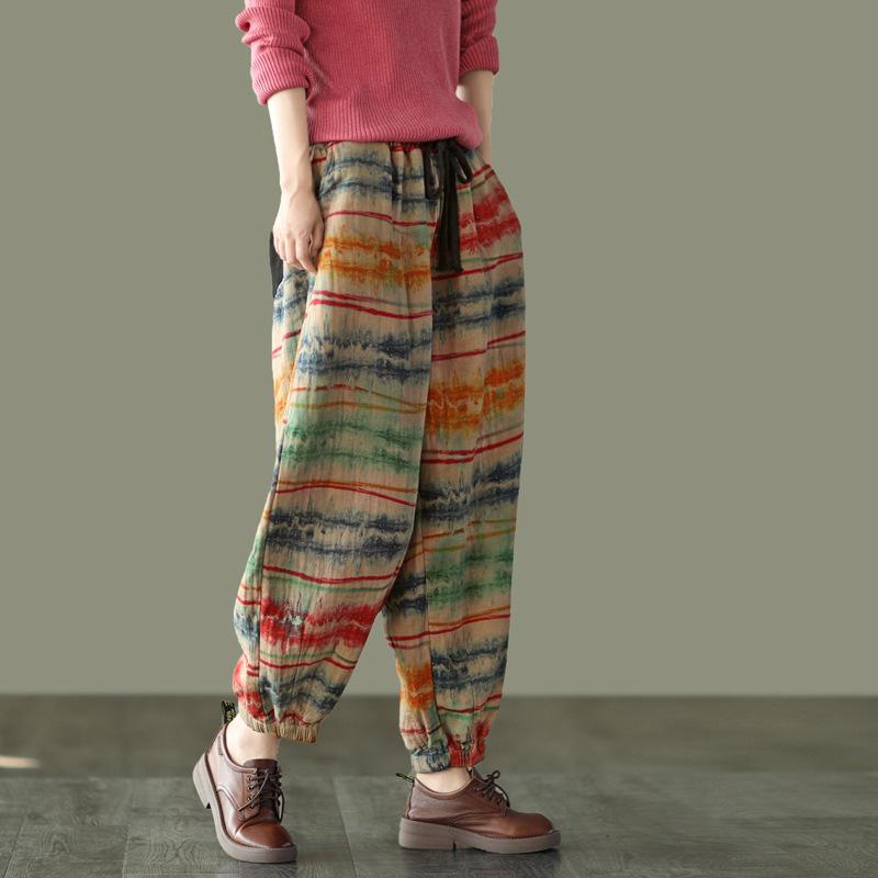 

Women's Pants & Capris FairyNatural Female Cotton Linen Harem Long Elastic Waist Loose Women Retro Striped Print Floral Trouser Spring Autum, Color 2