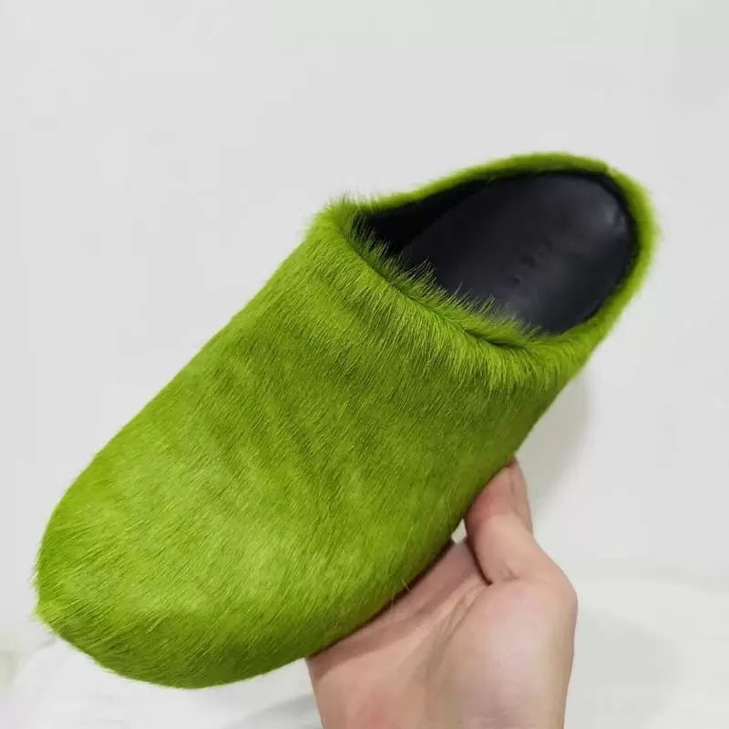 

Horsehair Platform Half Slipper Women Autumn Wrap Toe Slides Thick Sole Flat Fur Shoes Woman Fashion Summer Flat Slippers, Orange