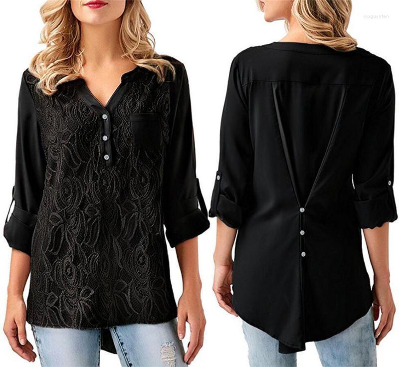 

Women' Blouses & Shirts 2022 Chiffon Blouse Fashion Women Long Sleeve Sexy Lace Summer Top Casual Tee Shirt Femme Blusas Black -XXXL