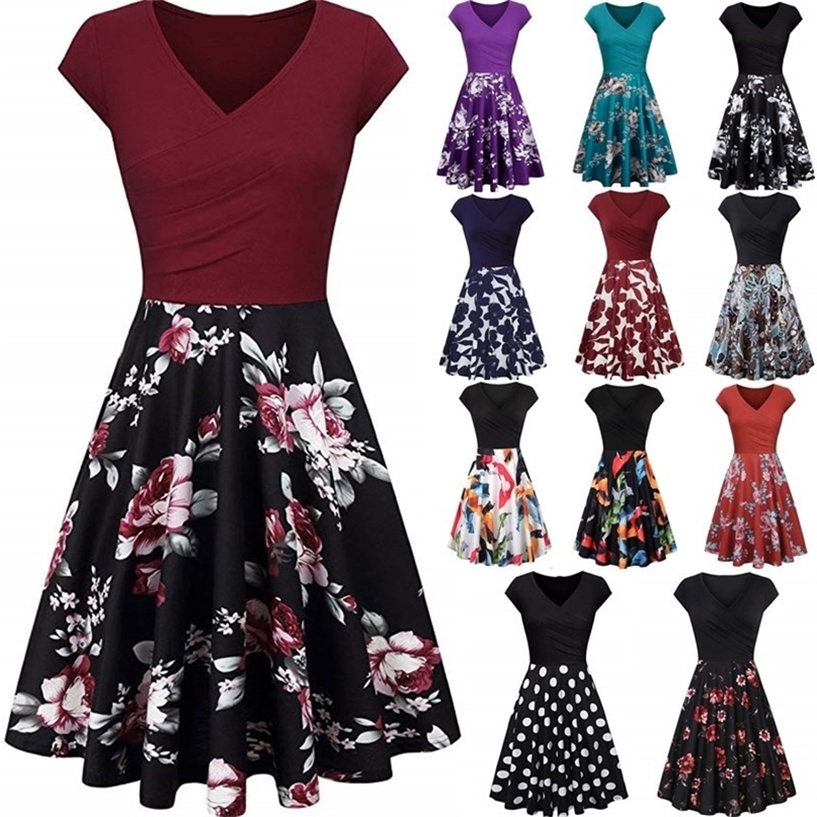 

Casual Female Summer Floral Print Slim Mini Dress Sexy V-Neck Big Swing Stitching Retro Sundress Women Plus Size Dresses 220418, Purple