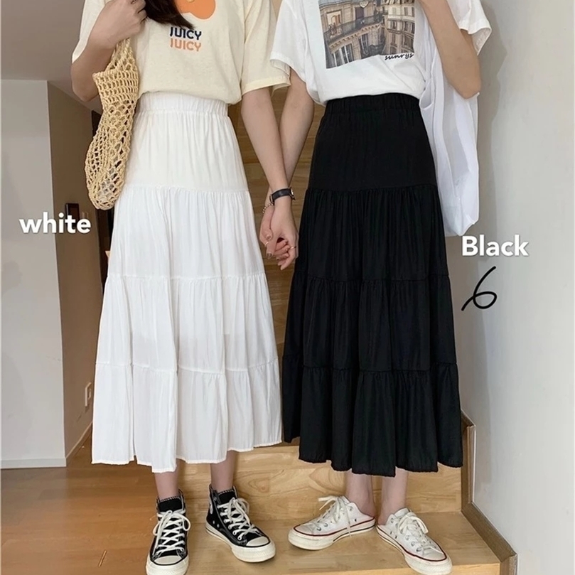 

Spring Summer Women Chiffon Skirts Vintage High Waist Elastic Patchwork White Black Chic Long Cake A-line Skirt for Student 220401