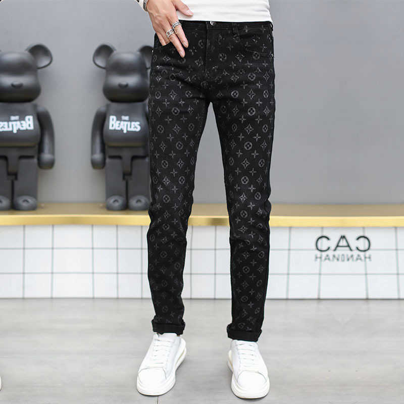 

Autumn and Winter High-end Light Luxury Jeans Men's Digital Printing Slim Fit Small Feet Fashion Versatile Trendy Pants, Black