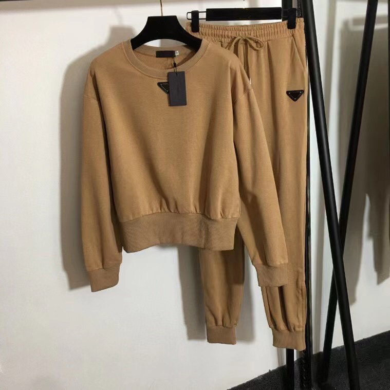 

Brown Color Trousers Open-forked Womens Set Two Piece Pants Triangular Round Neck Long-sleeved Hoodie Zipper Sports Foot-bound Casual, Black