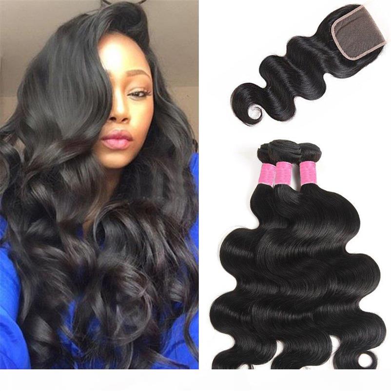 

8A Peruvian Body wave With 4X4 Lace Closure Wet & wavy Pervian Virgin Hair Bodywave With Closure Extensions Puruvian Human Hair We284z