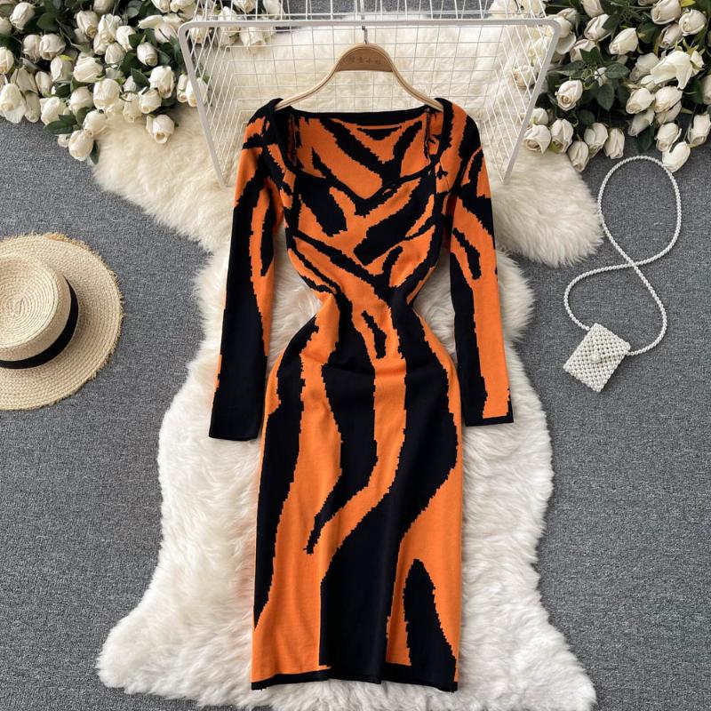 Casual Dresses Knitted Dress Women Elegant Color Match Striped Long Sleeve Sweater 2022 Autumn Winter Square Collar Slim Bodycon-image-760028907