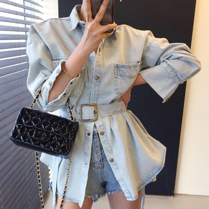 

Women's Blouses & Shirts Vintage Lapel Single-breasted Lace-up Collect Waist Button Up Shirt Blue Wash Long Sleeve Blouse Womens Tops Camisa, Sky blue