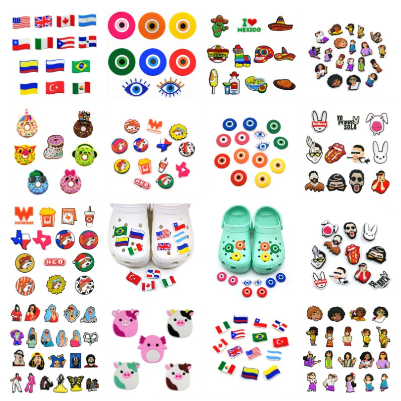 

100pcs/set plush toy Texas karol G pattern croc charms 2D Soft pvc cartoon Shoe accessories Decorations clog shoe charm buckles fit men women sandals