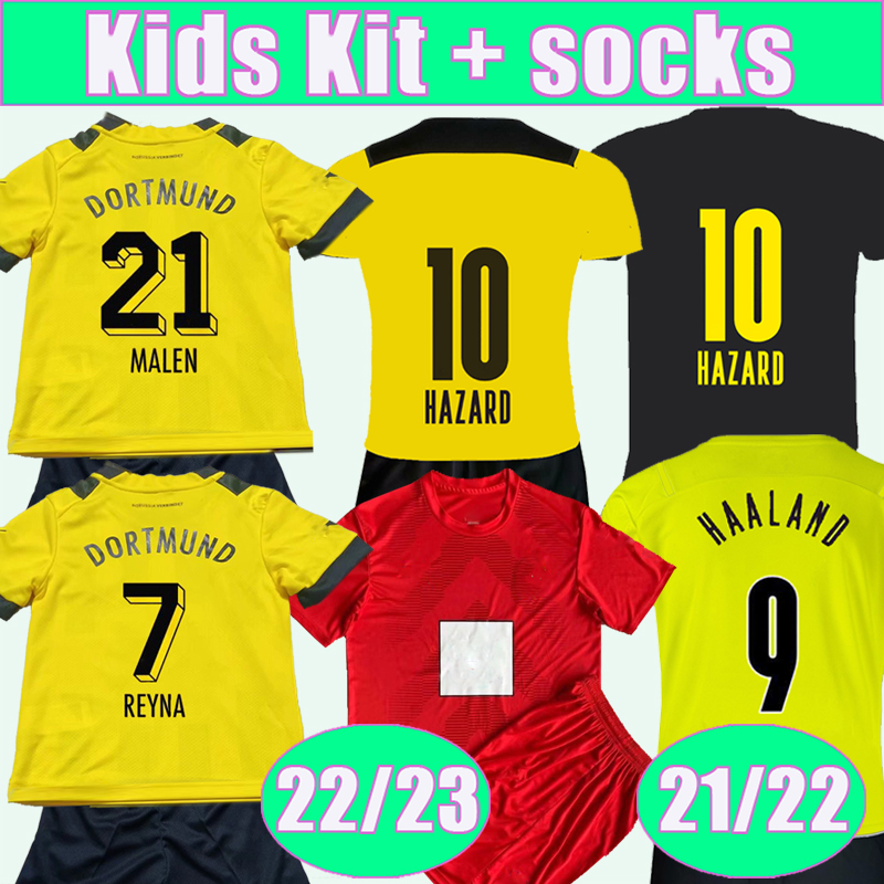 

21 22 23 REUS HAZARD Kids Kit Soccer Jerseys HAALAND BRANDT SCHMELZER WOLF Home yellow Away Black 3rd Goalkeeper Child Football Shirt, Tz9480 22 23 gk no socks