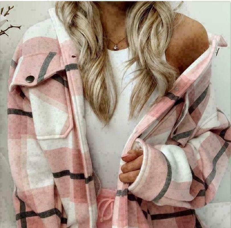 

Women's Trench Coats Womens Check Fleece Casual Jacket Shacket Tunic Oversized Baggy Tops Streetwear Overcoats Female Jackets Coat Chic Pock, Khaki