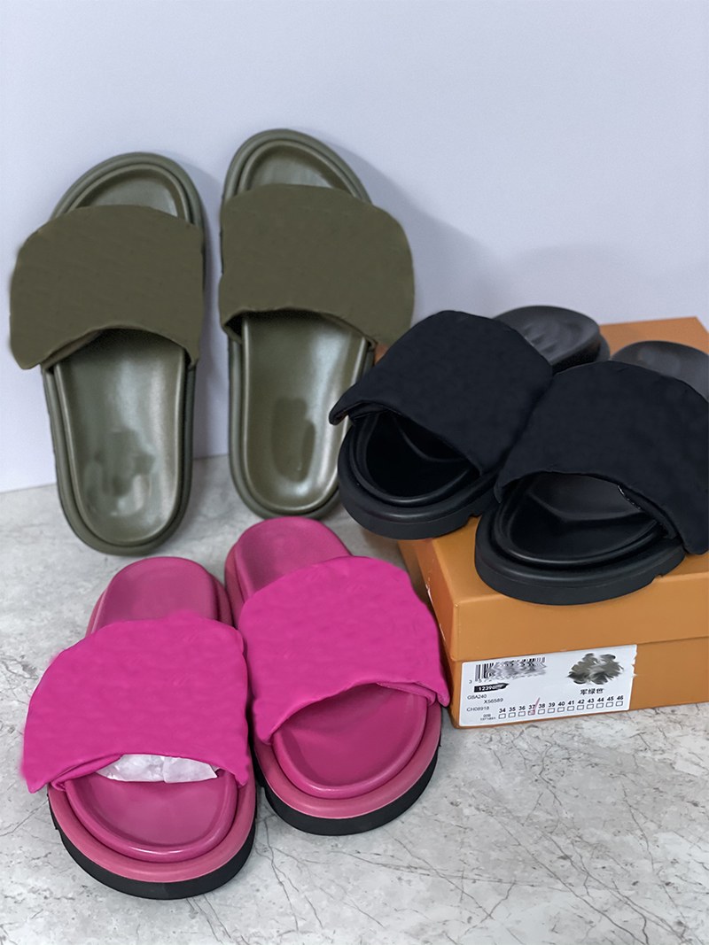 

Women Sunset Flat Comfort Mules Padded Front Strap Slippers Designers Pool Pillow Flat Mules Fashionable Easy-to-wear Style Slides With Box NO370, Clear