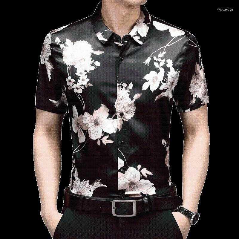 

Men' Casual Shirts Men' Silk Shirt Summer Floral Printed Satin Streetwear Male Short Sleeve Flowers Printing Dress ShirtsMen, Black