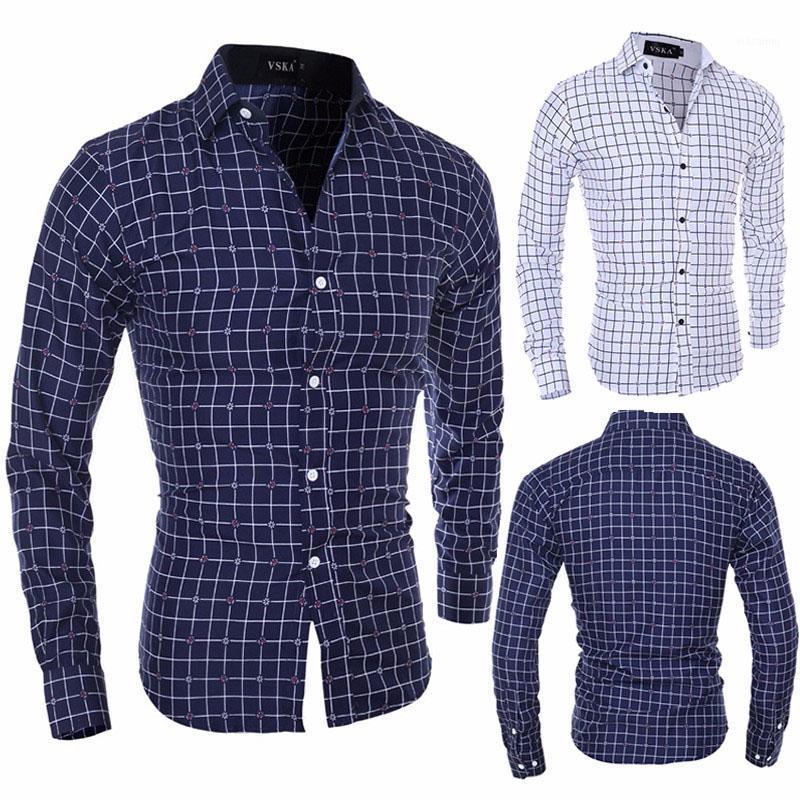 

Brand Men Dress Shirts Long Sleeve Smart Casual Polyester Plaid Mens Streetwear Shirt Size -2XL Men, Blue