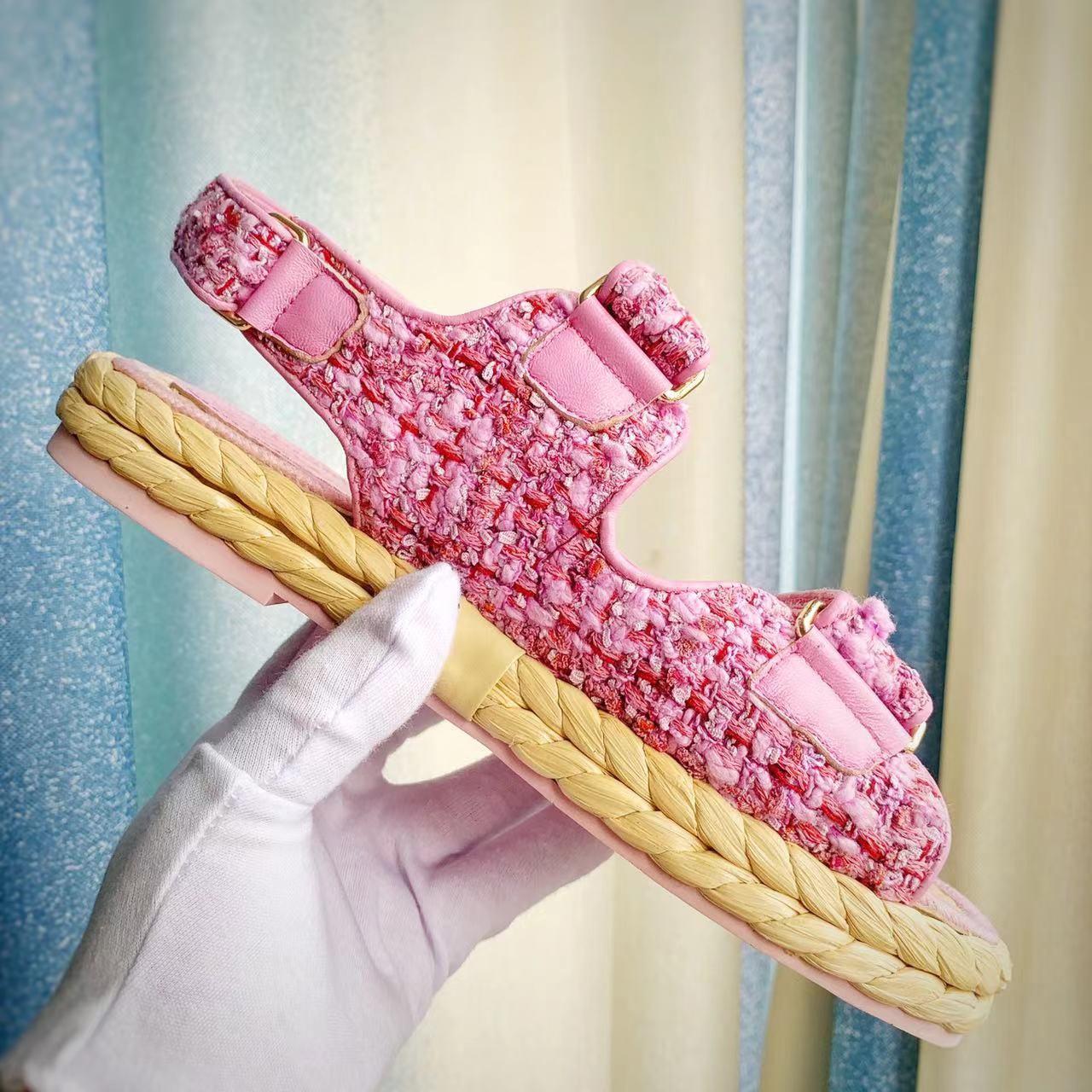 

Designer Ladies Sandals Roman Shoe Style High Quality Ladies Slippers Fabric Mesh Casual Flat Heel Platform Summer Beach Shoes Loose 35-42 With Box, Red