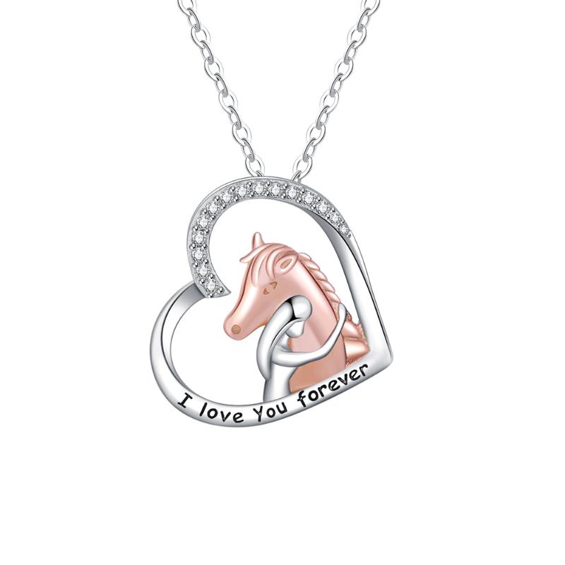 

Chains Copper Girls&Horse Necklace Lovely Animal Heart Zircon Pendant Fashion Christmas Mother Day Jewelry For Women Pet LoverChains