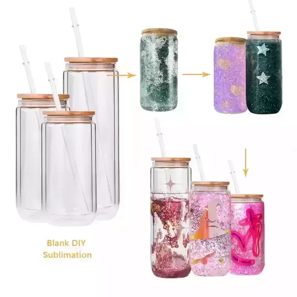 

Wholesale Bulk 12oz 16oz 20oz Blank DIY Sublimation Tumbler Mug Soda Cola Cup Double Wall Snow Globe Beer Glass Can Bottle Mug with Bamboo Lid and Straw sxaug05, Clear
