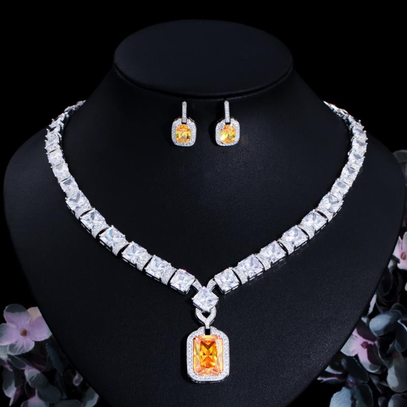

Earrings & Necklace CWWZircons Expensive Nice Big Dangle Drop Square Yellow Cubic Zircon Luxury Bridal Party Wedding Jewelry Sets For Women, As pic