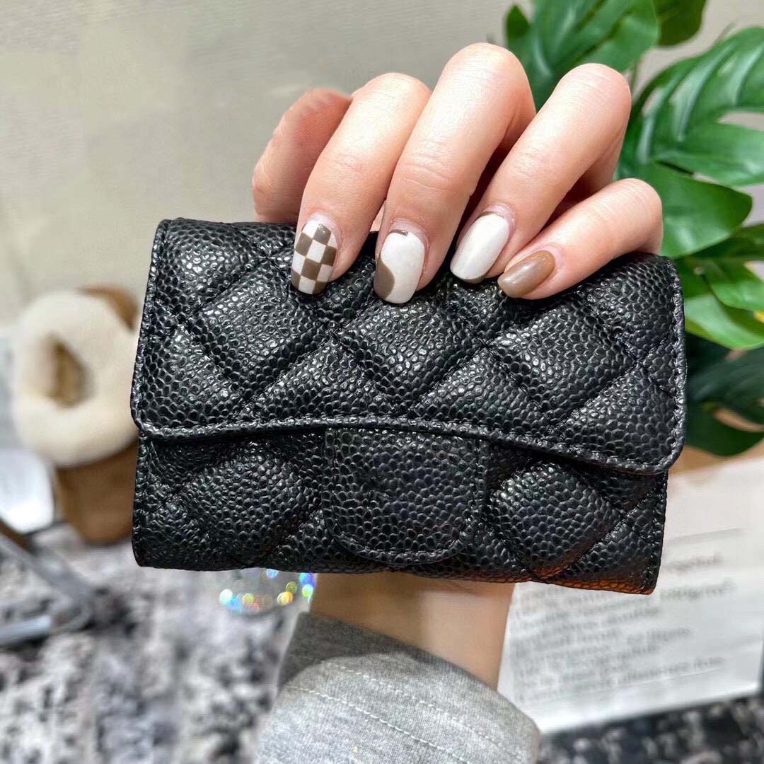 CC22 new fashion card holder printing ladies short wallet coin color leather leather texture luxury black belt box
