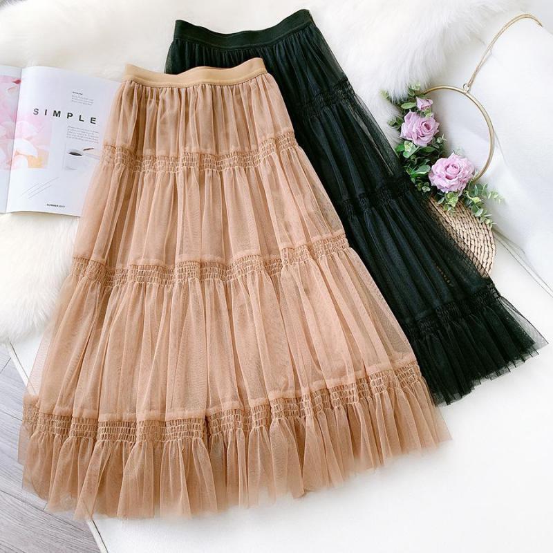 

Autumn & Winter Korean High Waisted Elastic Slim Simple Casual Women Fluffy Skirt A-line Mesh Cake Free Shippimg Skirts, Beige