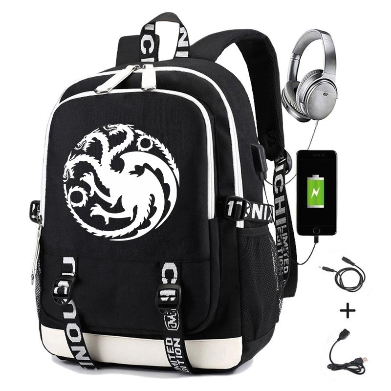 

Backpack Men Fashion Dragon Printing House Targaryen Women Travel Students USB Charging School Bag Laptop BackpackBackpackBackpack, Black 04