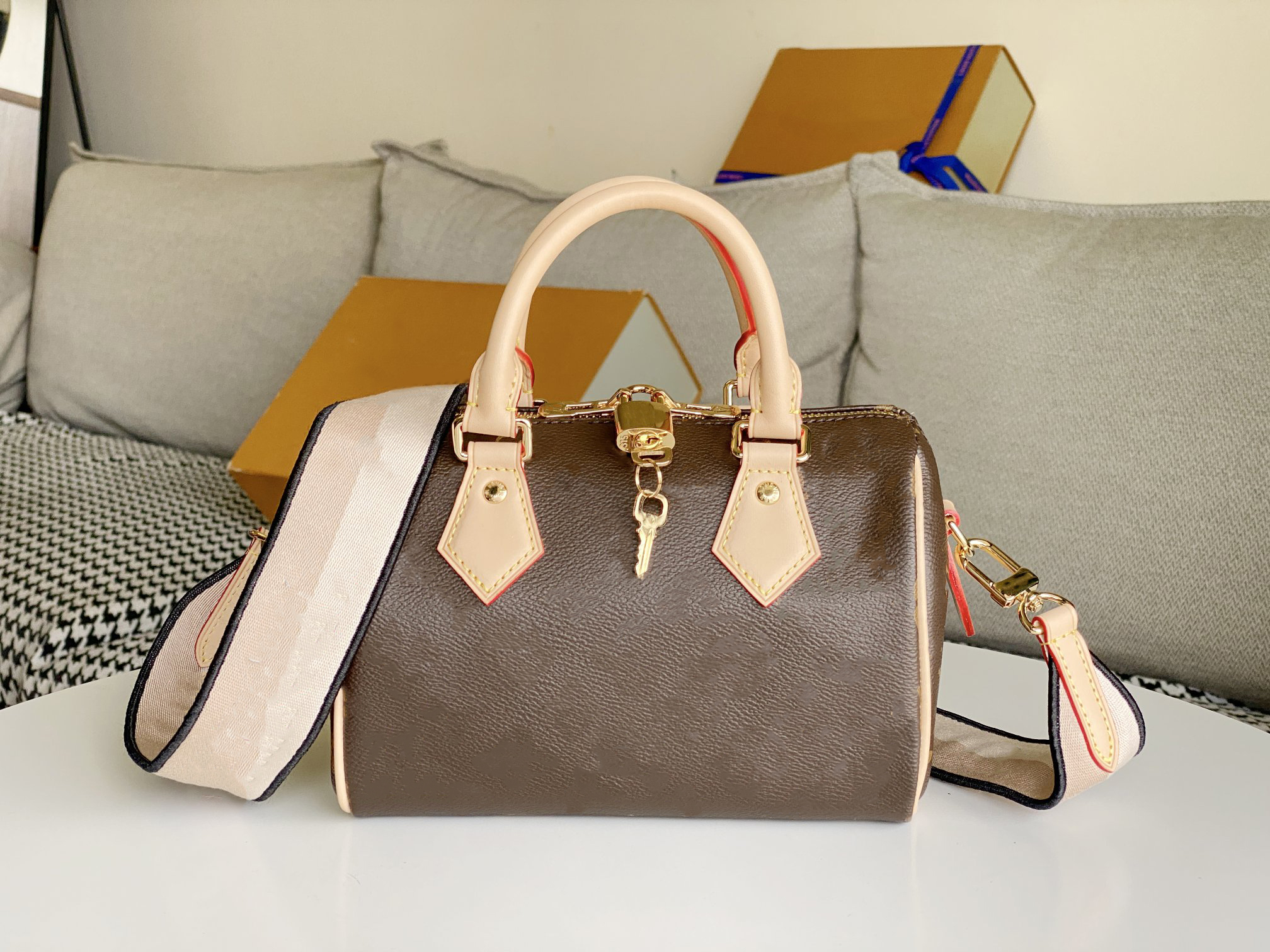 

disigner bags speedy 20cm 5A quality leather brown flower color speed hangbags, Pink