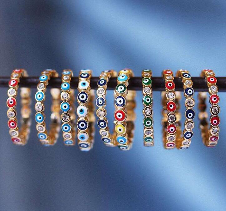 

Bohemian Rainbow Evil Eye Rhinestone Filled Gold Ring Vintage Ladies Finger Rings Jewelry For Women