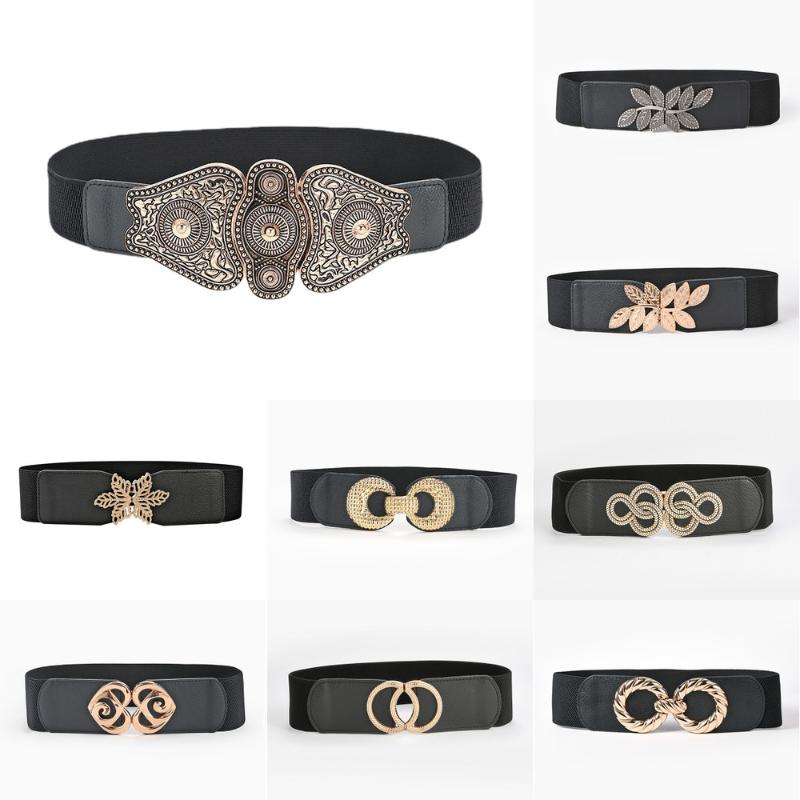 

Belts Fashion Women Elastic Designer Metal Buckle Waist Strap Dress Coat Sweater Decorative Waistband, Black