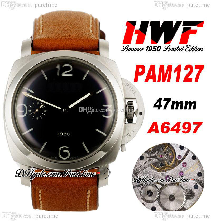 

HWF HW127 Fiddy Limited Edition A6497 Hand Winding Mens Watch Mechanical 47mm Steel Case Black Dial Brown Leather Strap Super Version Puretime, Strap removal tool