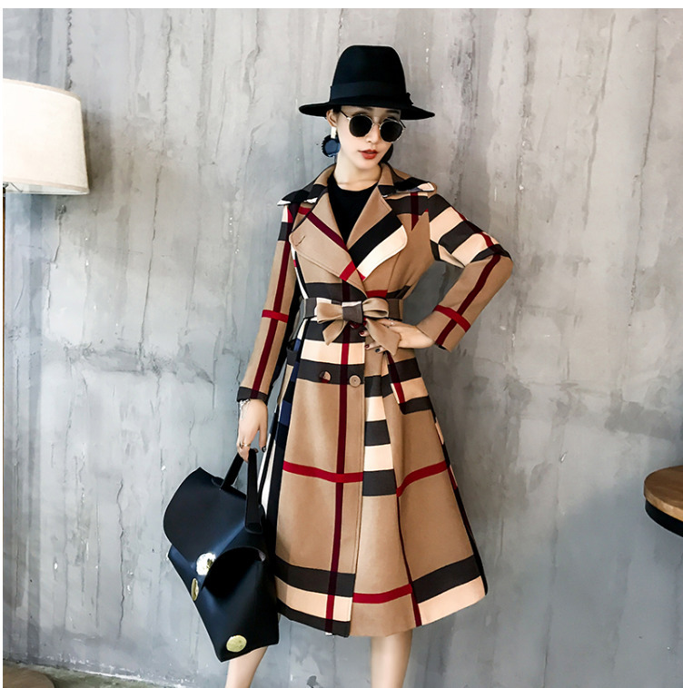 

Thickened autumn and winter women's lapels in the long simple color matching retro plaid coat temperament windbreaker 220812, Khaki