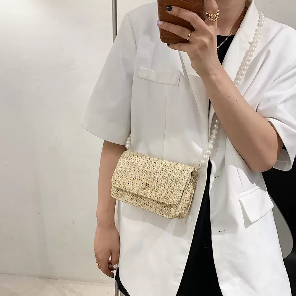 

Vintage Ladies Straw Woven Shoulder Bag Women Pearl Chain Flap Messenger Bags Small Beach Handbags Women Summer Bags, Lavender