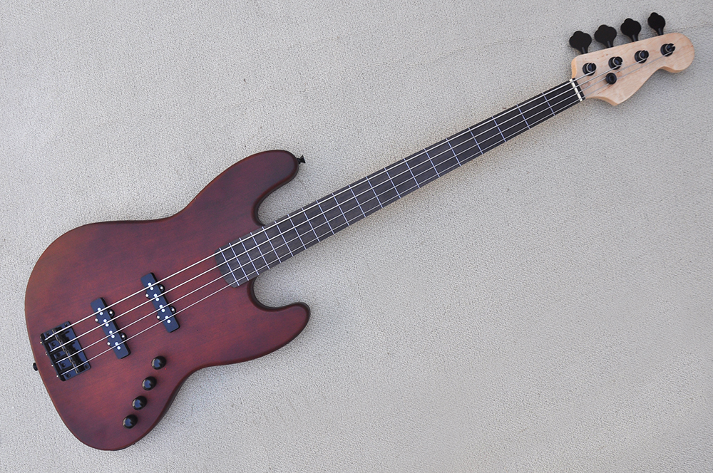 

Factory Custom 4-string Matte Red Brown Electric Bass Guitar Fretless but with Fret lines Black Hardwares Rosewood Fretboard Offer Customized