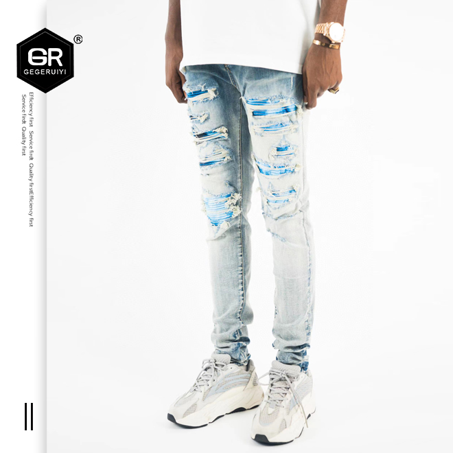 

Mens jeans European and American style fashion hole patch dyein washing folding making old leisure slim little feet and tight pants for teenagers, Blue