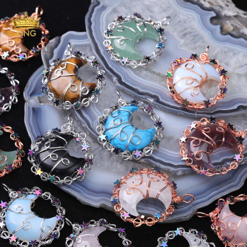 

Pendant Necklaces King 5 Pcs Moon Shape Crystal Necklace With Antique Bronze Wire Wrapped Healing PendantPendant