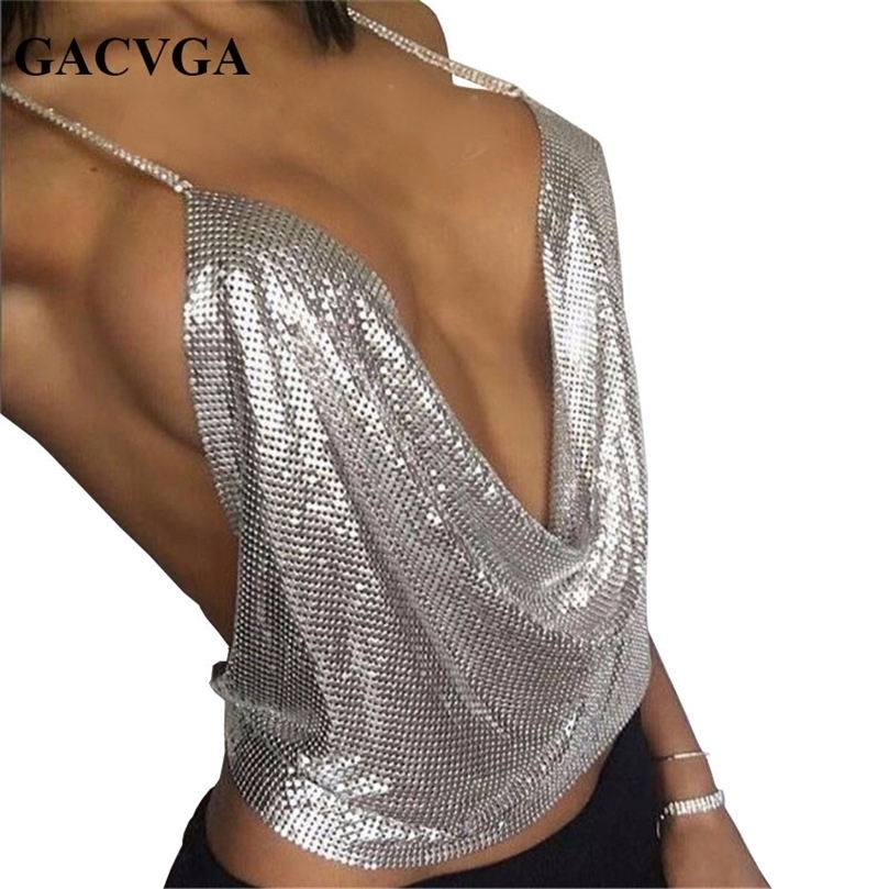 

GACVGA Sexy Backless Sequins Women Crop Tops Halter Tank Camis Summer Cropped Bra Crop Top Strap Ladies Party Vest Blusa 220407, Silver