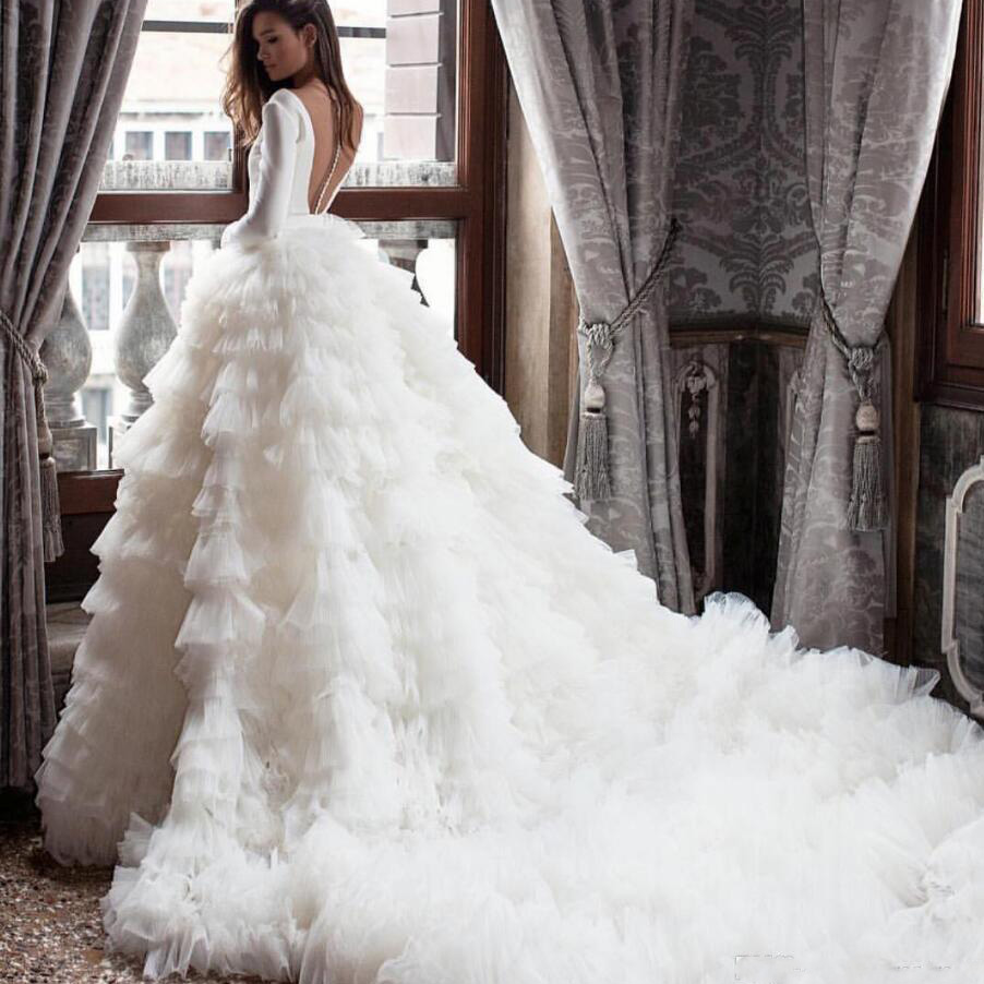 

Modest Simple V Neck Wedding Dresses Multilayered Ruffles Sash Bridal Gowns Short Long Train Ruched Robe de mariée Custom Made, Grape