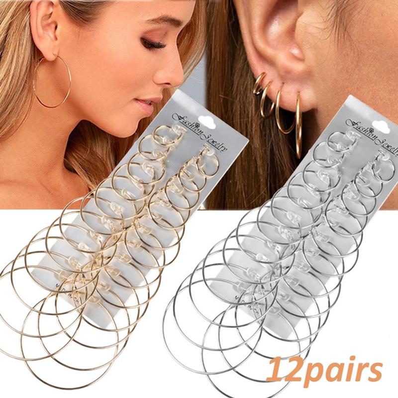 

Hoop & Huggie 6/12Pairs Punk Big Circle Earrings Set For Women Girls Steampunk Ear Clip Fashion Oversize Earring Ring Wedding JewelryHoop