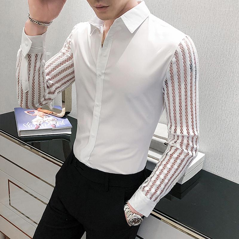 

Men's Dress Shirts 2022 Men Lace Perspective Shirt Party Prom Hollow Patchwork Long Sleeve Tuxedo Nightclub Casual Social Dway22, White