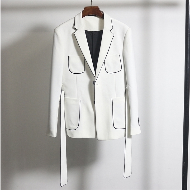 

Black White Contrast Piping Blazer With Belt Slim Fit Blazer Hombre Business Casual Dress Wedding Groom Korean Blazer Homme 201104