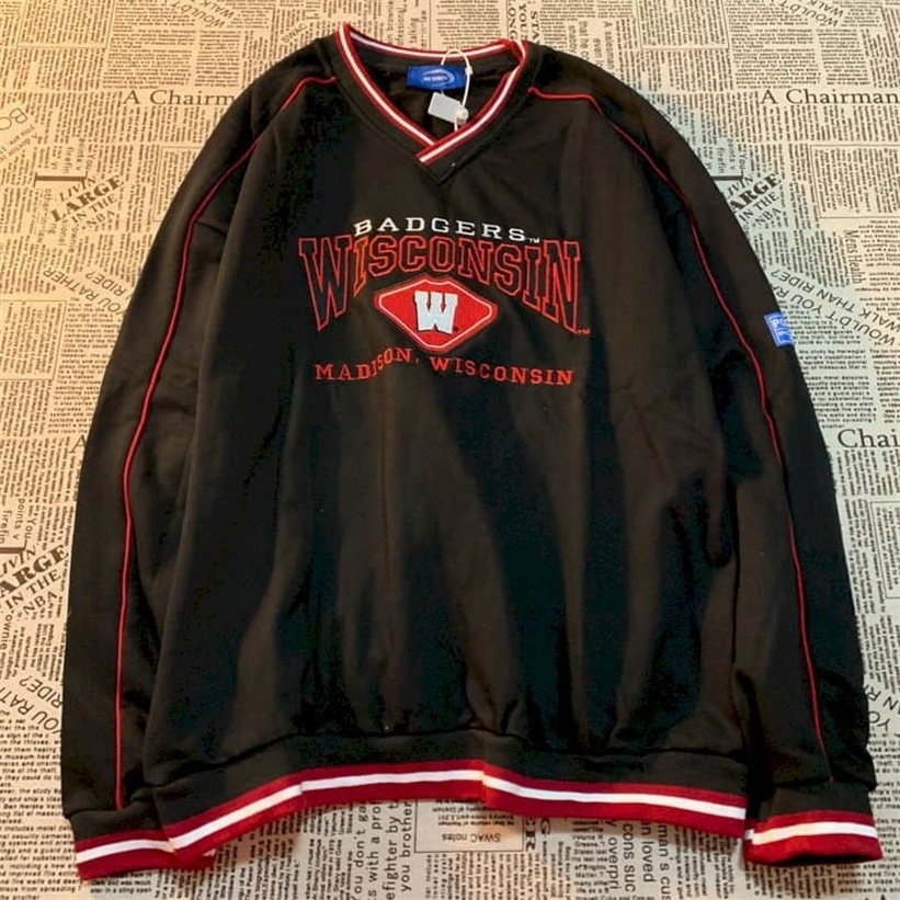 

Cotton T-shirt spring autumn retro V-neck letter printing sweatshirt men women couples loose hip hop cool clothes streetwear 220322, Black