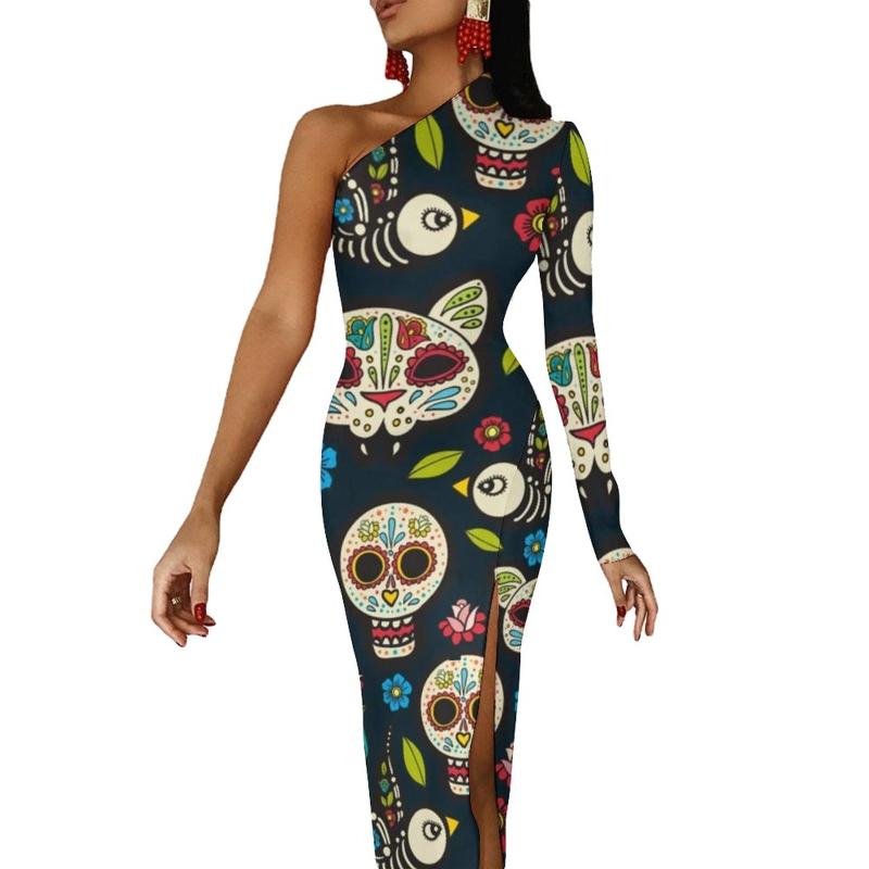 

Casual Dresses Halloween Day Of The Dead Maxi Dress Long Sleeve Mexican Traditional Celebrates Skulls Party Bodycon Summer Kawaii DressCasua, Style-1