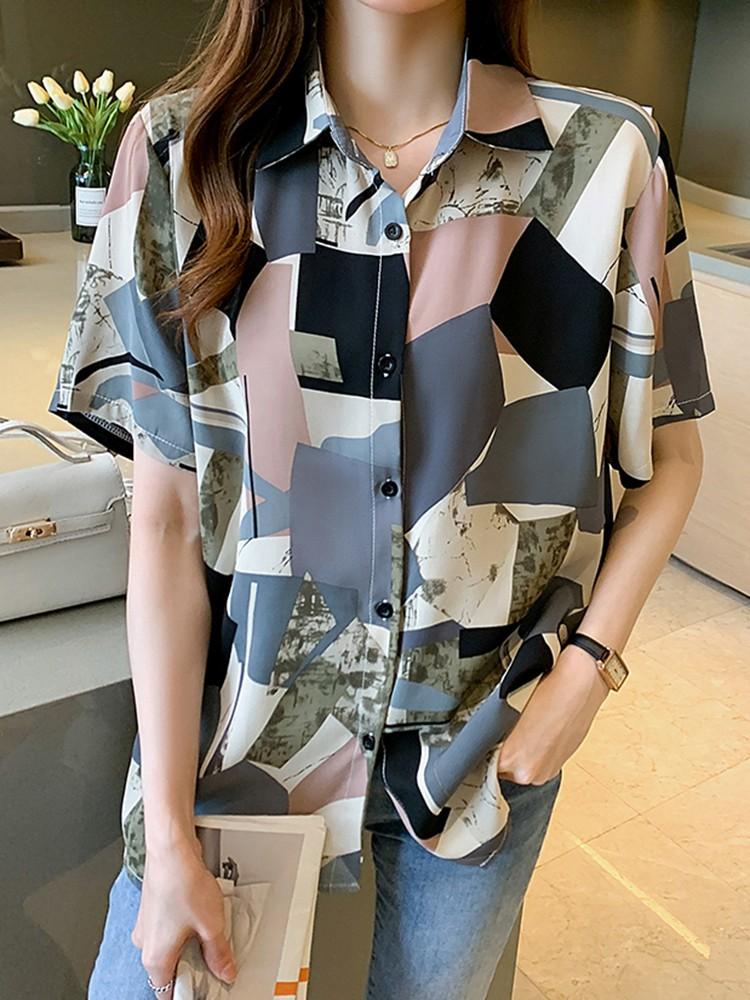 

Women' Blouses & Shirts Women Short Sleeve Casual Arrival 2022 Summer Korean Style Geometric Print Loose Ladies Elegant Chiffon Tops W1094W, Photo color