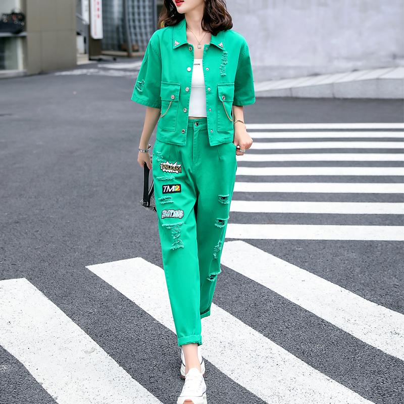 

Women's Two Piece Pants Summer Denim 2 Sets Casual Women Outfits Single Breasted Short Sleeve Crop Top Coat And Hole Pencil SuitWomen's, Green