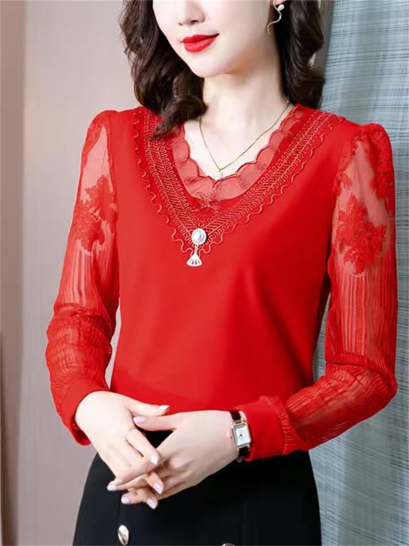 

Women's Blouses & Shirts Women Spring Autumn Style Tops Lady Casual Long Sleeve V-Neck Lace Chiffon Blusas DF4455Women's, Pink