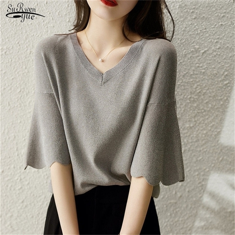 

Women' Summer Knitting Shirt Petal Sleeve V-neck Top Loose Short Sleeve Ice Silk Sweater Thin Style Women' Fashion Shirt 14799 220419, Gray