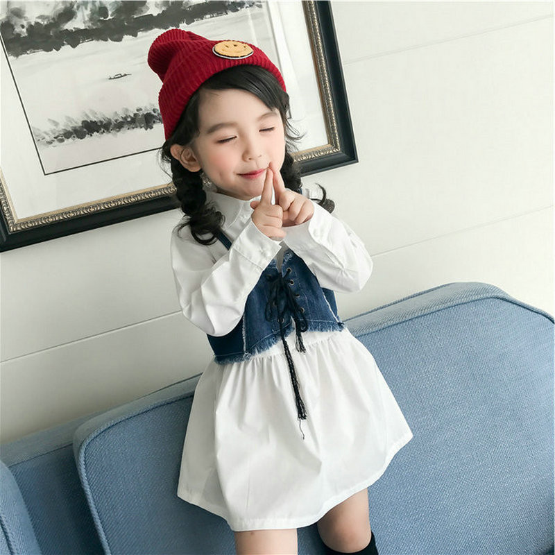

Baby Kids Clothing Shirts Spring Autumn ClothingFashion Toddler Girl Shirt Dress Denim Girdle Vest Long Sleeve A-Line Dress Set, White
